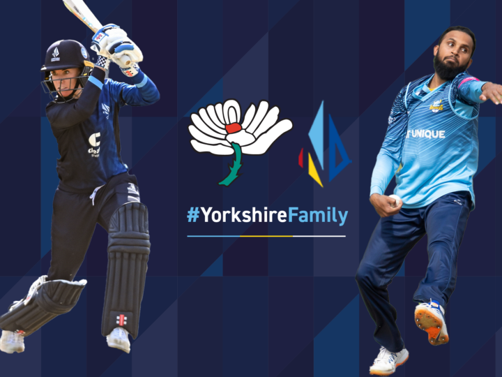 An image of Lauren Winfield-Hill and Adil Rashid, with the Yorkshire logo and Northern Diamonds logo in the middle