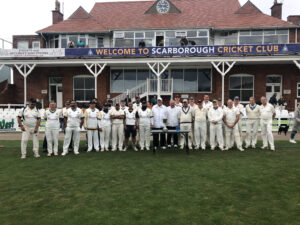 Grey Fox Trophy 2022 finalists, posing with the trophy at Scarborough CC.