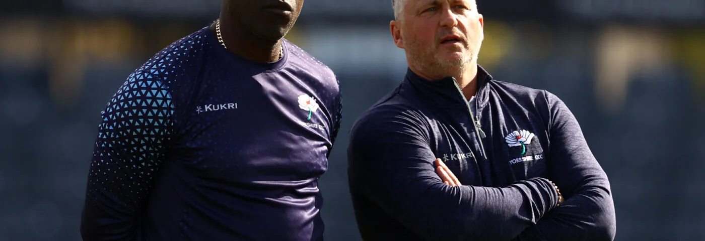 Pictured, Yorkshire's Managing Director of Cricket Darren Gough (r) and Head Coach Ottis Gibson (l) in discussion during the players warm up ahead of day two of the LV= Insurance County Championship match between Gloucestershire and Yorkshire at Seat Unique Stadium last year in Bristol, England. (Photo by Michael Steele/Getty Images)