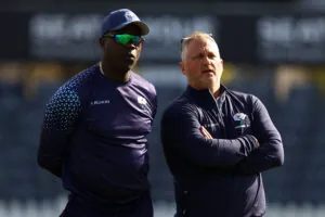 Pictured, Yorkshire's Managing Director of Cricket Darren Gough (r) and Head Coach Ottis Gibson (l) in discussion during the players warm up ahead of day two of the LV= Insurance County Championship match between Gloucestershire and Yorkshire at Seat Unique Stadium last year in Bristol, England. (Photo by Michael Steele/Getty Images)