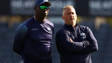 Pictured, Yorkshire's Managing Director of Cricket Darren Gough (r) and Head Coach Ottis Gibson (l) in discussion during the players warm up ahead of day two of the LV= Insurance County Championship match between Gloucestershire and Yorkshire at Seat Unique Stadium last year in Bristol, England. (Photo by Michael Steele/Getty Images)
