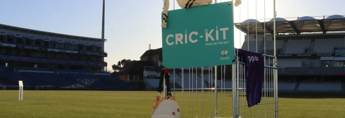 Cric-Kit cage at Headingley stadium, where kit is collected and distributed to those in need.