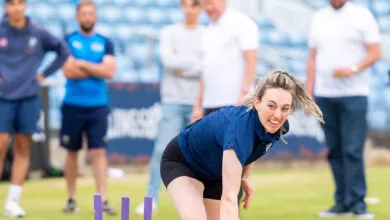 A Yorkshire Cricket College student bowling at Headingley.