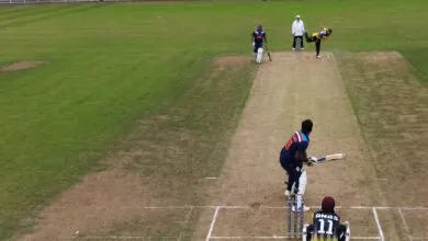 Man bowling to a batter in a YCF hundred cricket tournament at Scarborough