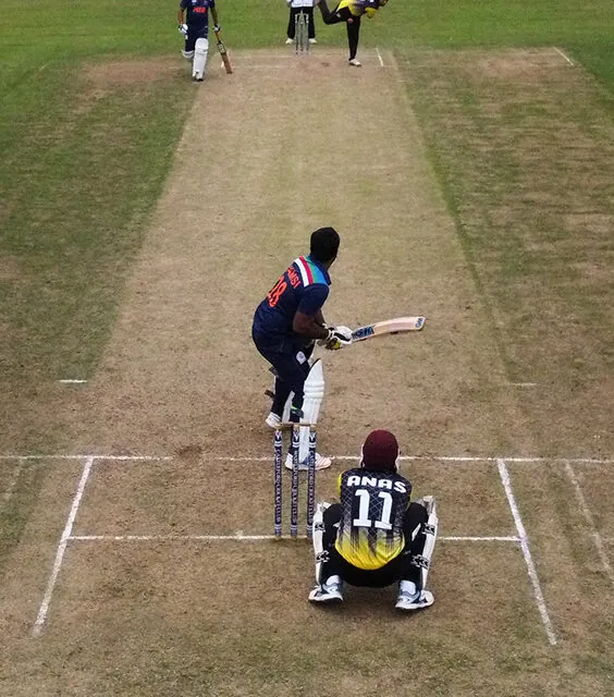 Man bowling to a batter in a YCF Hundred tournament at Scarborough