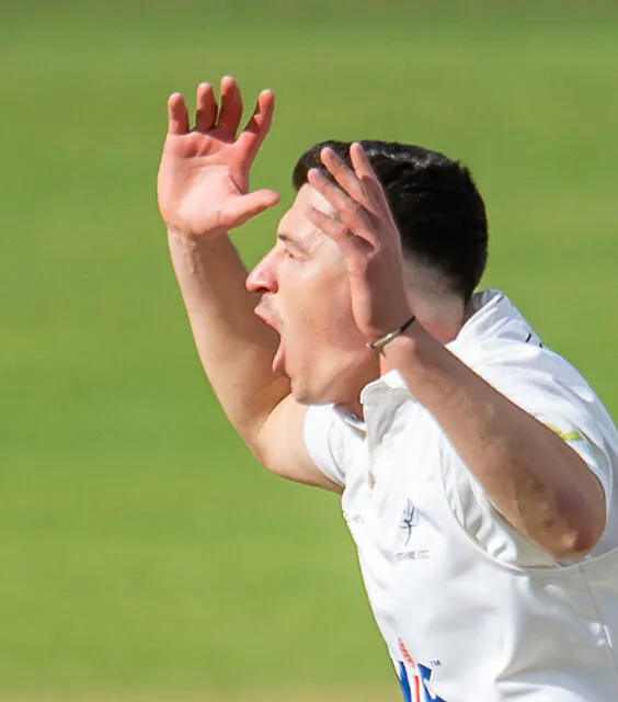 Matthew Fisher throws his hands in the air having nearly claimed a wicket in the County Championship.