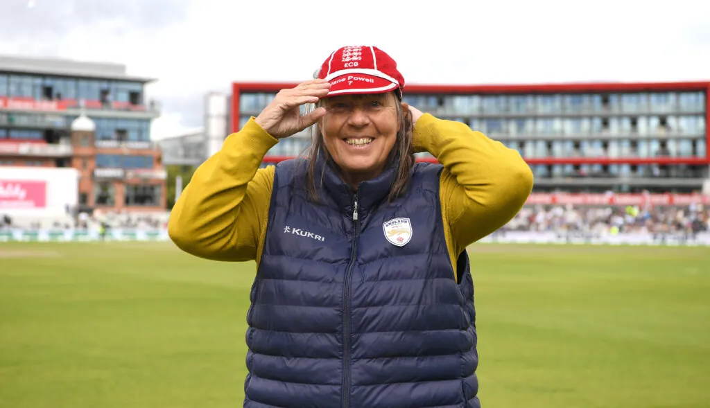 Jane Powell is presented with a cap from her services to coaching by Isa Guha during day four of the 4th Specsavers Ashes Test match between England and Australia at Old Trafford on September 07, 2019 in Manchester