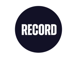 Dark blue circle with 'record' written inside using white text.