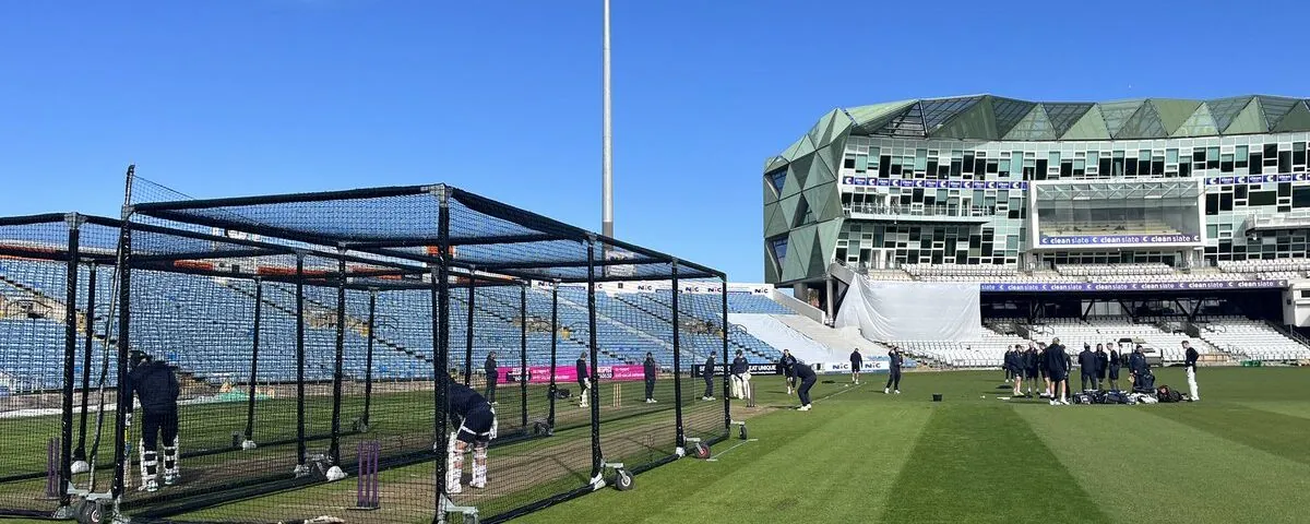 Yorkshire CCC players training under blue skies at Headingley.
