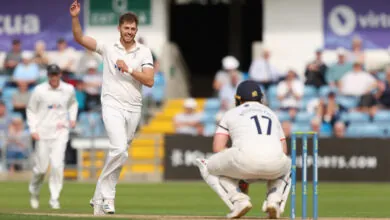 Ben Coad celebrates taking the wicket of Essex’s Adam Rossington during a County Championship game in 2022.