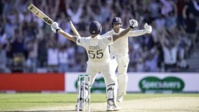 Ben Stokes celebrating having hit the winning runs of the 2019 Ashes Test at Headingley.