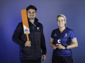 Jordan Thompson and Katie Levick pictured with All Stars Cricket equipment