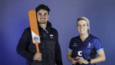 Jordan Thompson and Katie Levick pictured with All Stars Cricket equipment