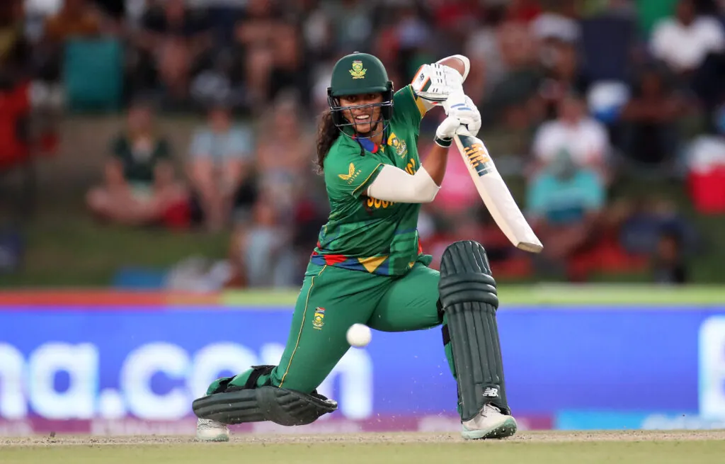 Pictured Chloe Tryon of South Africa plays a shot during the ICC Women's T20 World Cup group A match between South Africa and New Zealand at Boland Park on February 13, 2023 in Paarl, South Africa. (Photo by Jan Kruger-ICC/ICC via Getty Images)