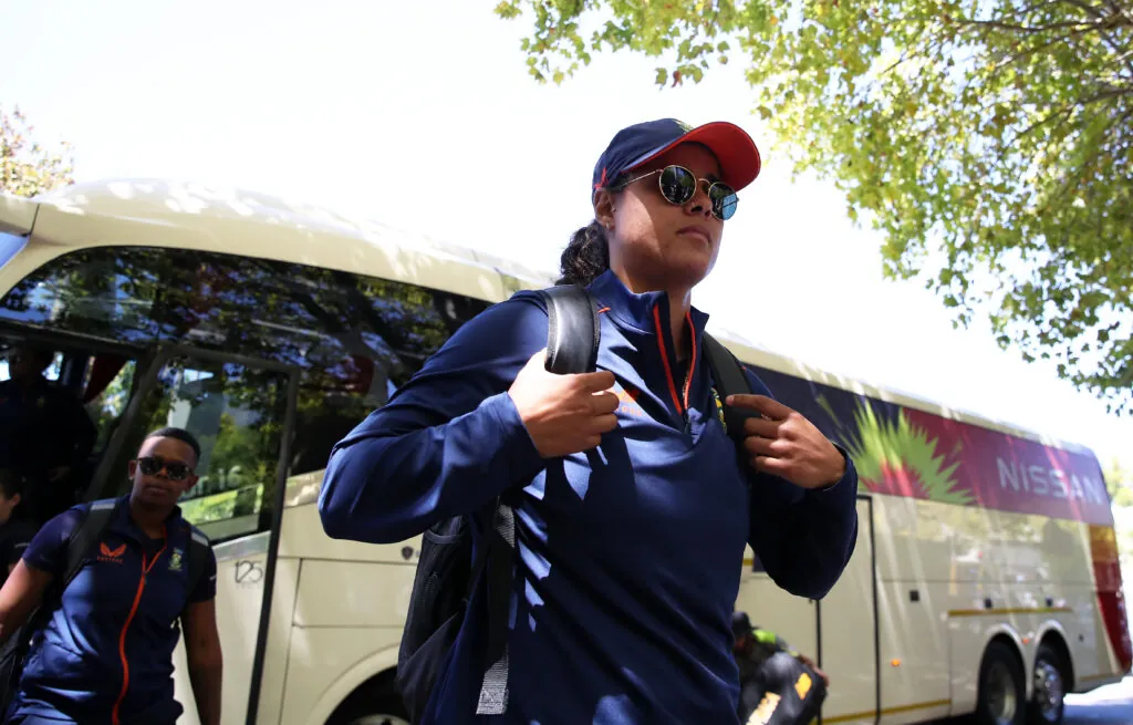 Chloe Tryon of South Africa is pictured arriving ahead of the ICC Women's T20 World Cup Final match between Australia and South Africa at Newlands Stadium on February 26, 2023 in Cape Town, South Africa. (Photo by Jan Kruger-ICC/ICC via Getty Images)