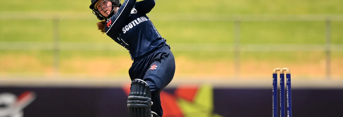 Katherine Fraser of Scotland plays a shot during the ICC Women's U19 T20 World Cup 2023 4th place playoff match between USA and Scotland at Willowmoore Park on January 20, 2023 in Benoni, South Africa.