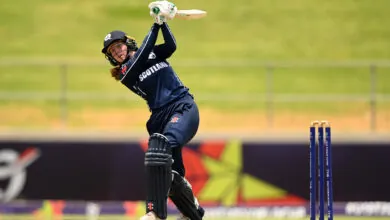 Katherine Fraser of Scotland plays a shot during the ICC Women's U19 T20 World Cup 2023 4th place playoff match between USA and Scotland at Willowmoore Park on January 20, 2023 in Benoni, South Africa.