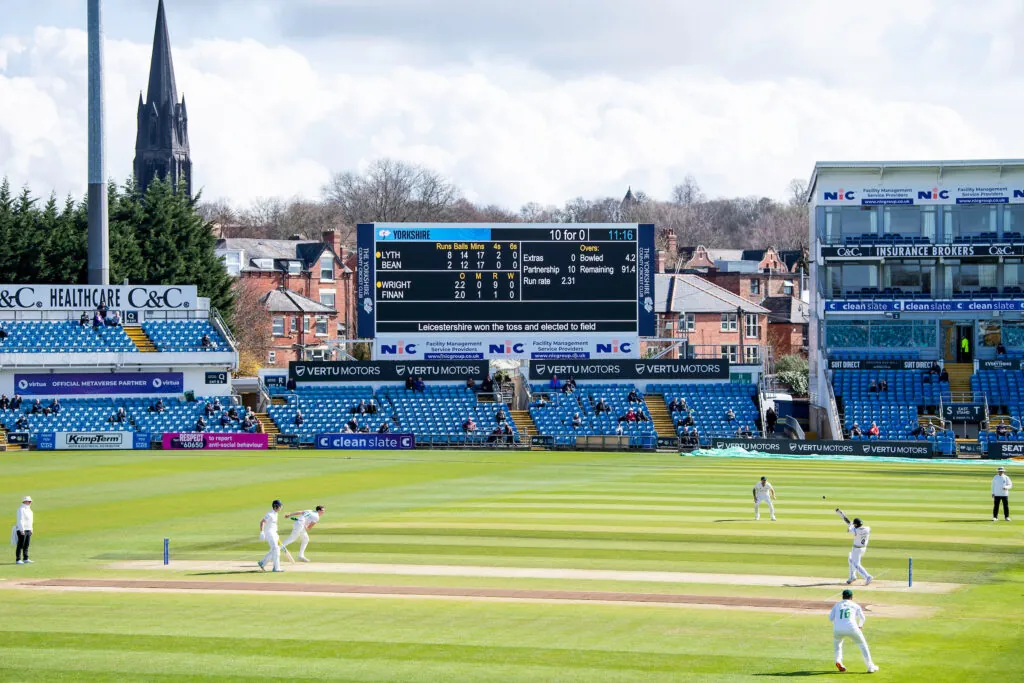 Pictured, the new screen at Headingley Cricket Ground, Leeds, England - while Yorkshire play against Leicestershire in the opening game of the YCCC's first LV= Insurance County Championship match of the 2023 season. 