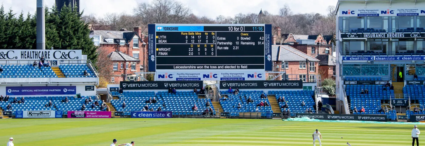 Pictured, the new screen at Headingley Cricket Ground, Leeds, England - while Yorkshire play against Leicestershire in the opening game of the YCCC's first LV= Insurance County Championship match of the 2023 season.