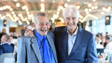 Harold 'Dickie' Bird and Sir Michael Parkinson together in the Howard Suite at Headingley.