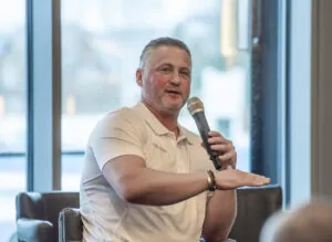 Darren Gough speaking to sponsors at an event at Headingley