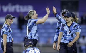 Northern Diamonds' Katie Levick is pictured celebrating dismissing Western Storm's Fran Wilson, at Headingley.