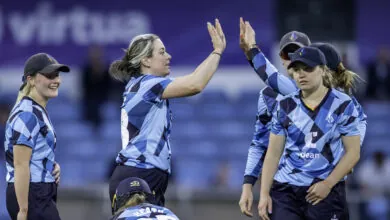 Northern Diamonds' Katie Levick is pictured celebrating dismissing Western Storm's Fran Wilson, at Headingley.