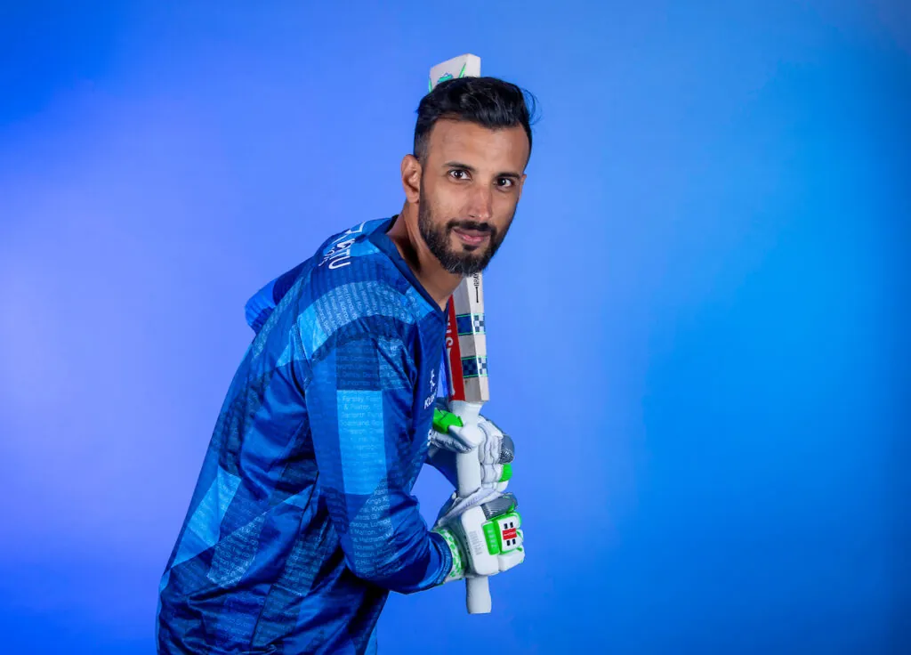Shan Masood is pictured in the new Yorkshire Vikings T20 kit during a Media Day 2023 at Clean Slate Headingley Cricket Ground.