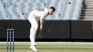 Mark Steketee of Queensland is pictured bowling during the Sheffield Shield match between Victoria and Queensland at Melbourne Cricket Ground, on February 09, 2023, in Melbourne, Australia. Photo credit: Jonathan DiMaggio/Getty Images)
