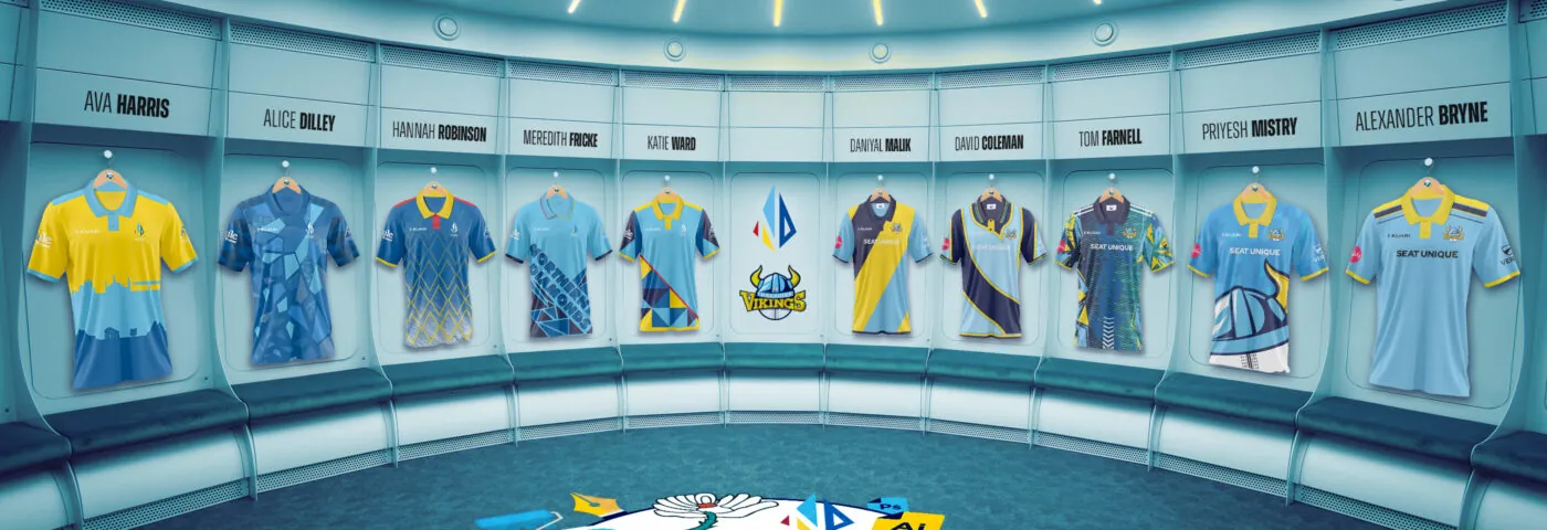 Designs of some of the entries for the 2024 'Design the Shirt' competition portrayed in a changing room.