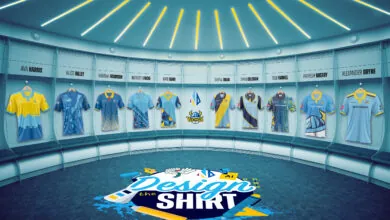 Designs of some of the entries for the 2024 'Design the Shirt' competition portrayed in a changing room.