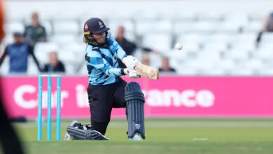 Bess Heath playing a sweep shot for the Northern Diamonds in the Charlotte Edwards Cup.