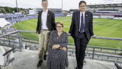 Stephen Vaughan, Baroness Tanni Grey-Thompson and Harry Chathli pictured at Headingley.