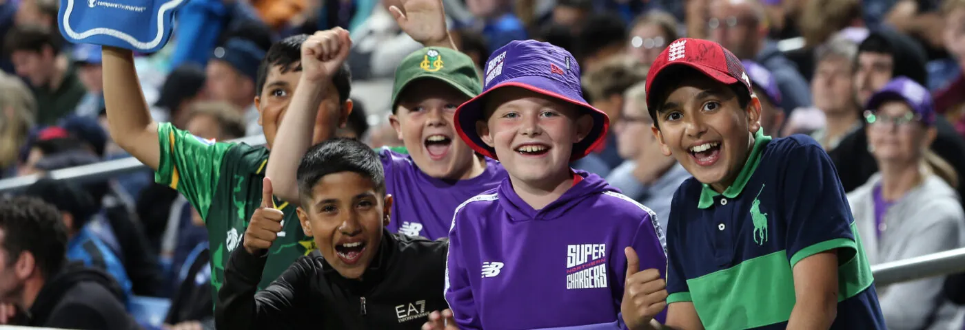 Fans cheer during The Hundred match between Northern Superchargers Men and Welsh Fire Men at Headingley