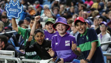 Fans cheer during The Hundred match between Northern Superchargers Men and Welsh Fire Men at Headingley
