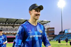 James Wharton celebrating his 111 not out in the 2023 Vitality Blast fixture against Worcester