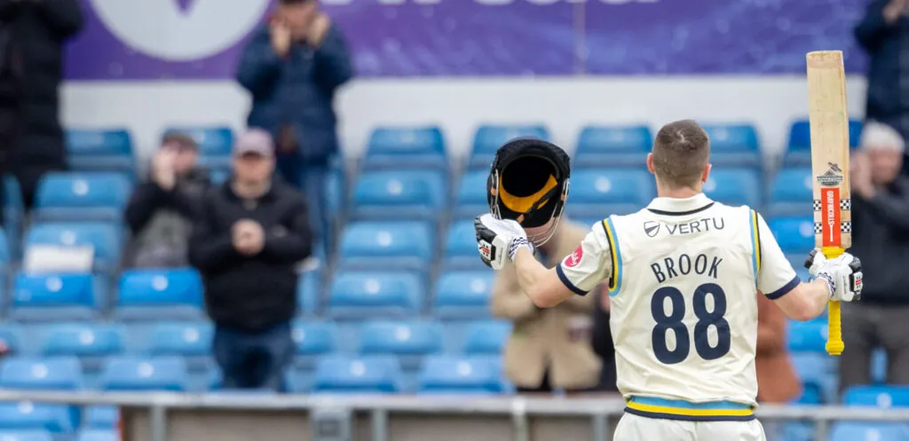 Pictured, Harry Brook celebrates an unbeaten hundred off 69 balls against Leicestershire at Headingley in the opening round of Championship fixtures.