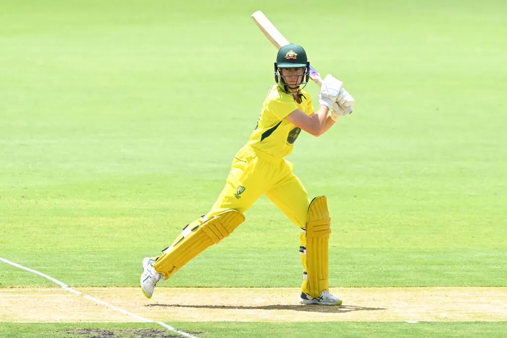 Pictured, Erin Burns of the Governor-General's XI bats during the women's international tour match between the Governor-General's XI and Pakistan at Allan Border Field on January 13, 2023 in Brisbane, Australia. (Photo by Albert Perez/Getty Images)