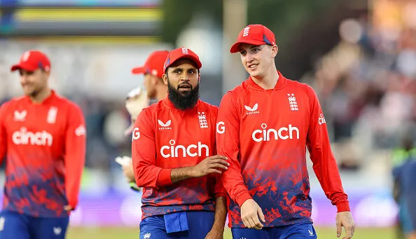 CHESTER-LE-STREET, ENGLAND - AUGUST 30: England's Harry Brook (right) and Adil Rashid during the 1st T20I match between England and New Zealand at Seat Unique Riverside on August 30, 2023 in Chester-le-Street, England. (Photo by Alex Dodd - CameraSport via Getty Images)