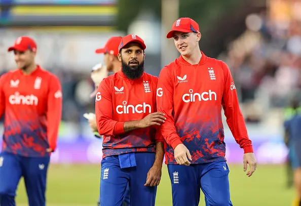 CHESTER-LE-STREET, ENGLAND - AUGUST 30: England's Harry Brook (right) and Adil Rashid during the 1st T20I match between England and New Zealand at Seat Unique Riverside on August 30, 2023 in Chester-le-Street, England. (Photo by Alex Dodd - CameraSport via Getty Images)