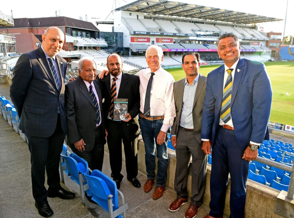 Pictured, from left, Abdul A Ravat alongside, Mushtaq Mohammad, the former Pakistan captain, Solly Adam, Colin Graves, YCCC Chair, author Vara Vantapati, and Maroof Khan from YCCC.