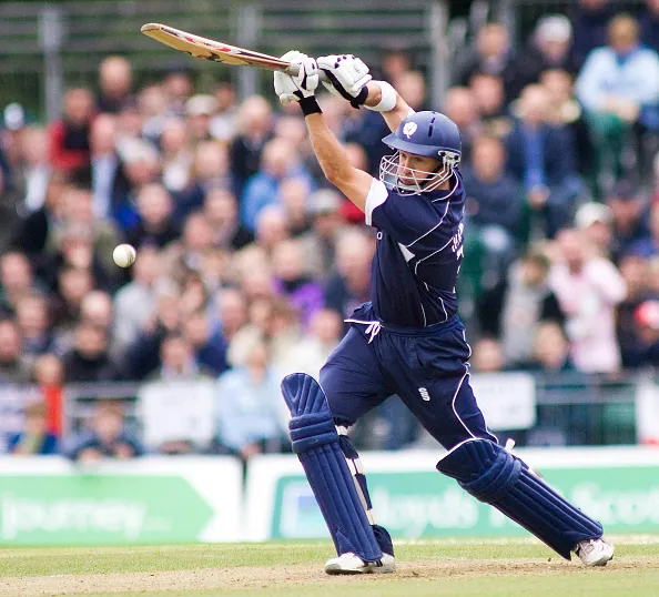 18/08/08 ONE DAY INTERNATIONAL.SCOTLAND v ENGLAND.THE GRANGE - EDINBURGH .Scotlands Gavin Hamilton drives a delivery from Stuart Broad for four runs (Photo by Andrew WestSNS Group via Getty Images)