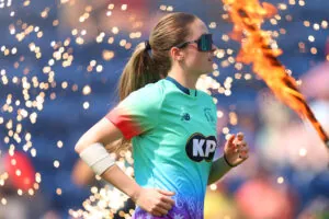 CARDIFF, WALES - JULY 28: Rachel Slater of Oval Invincibles runs onto the field for the start of The Hundred match between Welsh Fire Women and Oval Invincibles Women at Sophia Gardens on July 28, 2024 in Cardiff, Wales. (Photo by Dan Istitene - ECB/ECB via Getty Images)