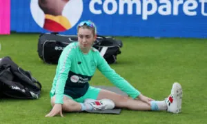 SOUTHAMPTON, ENGLAND - AUGUST 19: Alice Capsey and Claudie Cooper of Oval Invincibles warms up prior to The Hundred match between Southern Brave Women and Oval Invincibles Women at The Ageas Bowl on August 19, 2023 in Southampton, England. (Photo by Henry Browne - ECB/ECB via Getty Images)